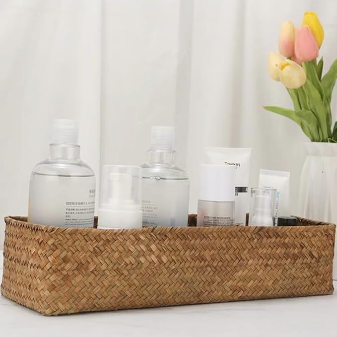 Toilet Basket Tank Topper, Seagrass Wicker Bathroom Storage Basket (14.6" x 4.7" x 3.1")