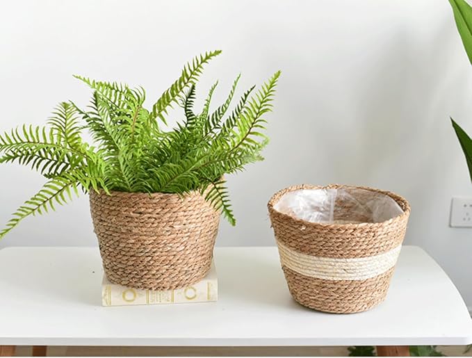 Water Hyacinth & Corn Stalk Woven Plant Basket with Plastic Liner Indoor Rustic Planter Basket for Home Floor Potted Plants Decorative Flower Pot Holder(7.09inch)