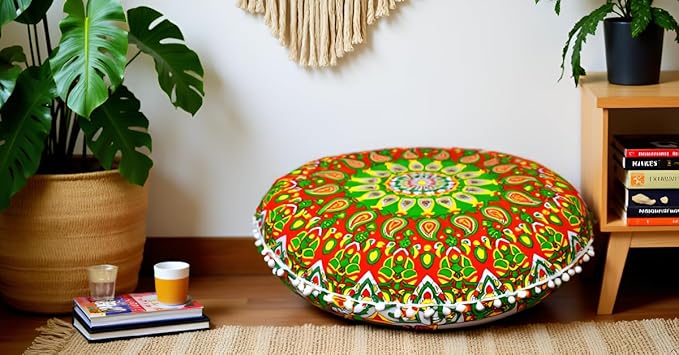 Large Round seat Floor Cushion Chair Ottoman Cover Pouf Pillow Meditation Floor Cushions for Adults Seating pouffe Ottoman Throw Covers Craft Room Furniture for Sitting Cover 22 Inches (Green Red)