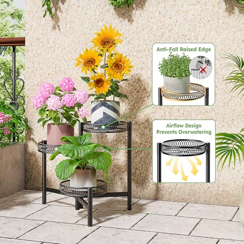 3 Tier Metal Plant Stand Indoor Outdoor, Corner Tall Plant Shelf for Multiple Plants, Foldable Heavy Duty Plant Holder, Decoration Flower Pot Stand for Patio Living Room Balcony Garden - BlackFlower - color: BlackFlower, size: 3-tiers