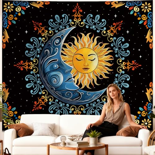 Alened Boho Hippie Sun and Moon Tapestry for Bedroom Aesthetic, Black Vintage Celestial Starry Sky Tapestries, Dark Floral Moon and Stars Wall Hanging Decor for Dorm Living Room (51'' x 60'') - color: sun and moon, size: 60"L x 51"W