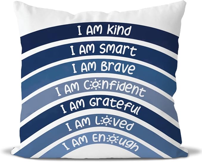 QIYUHOY Boho Rainbow Classroom Throw Pillow Covers, Book Center Calming Corner Playroom Decor Pillow Case, Purple Pillow Cover, I Am Kind Smart Brave Confidence 18x18 Inch (Navy)