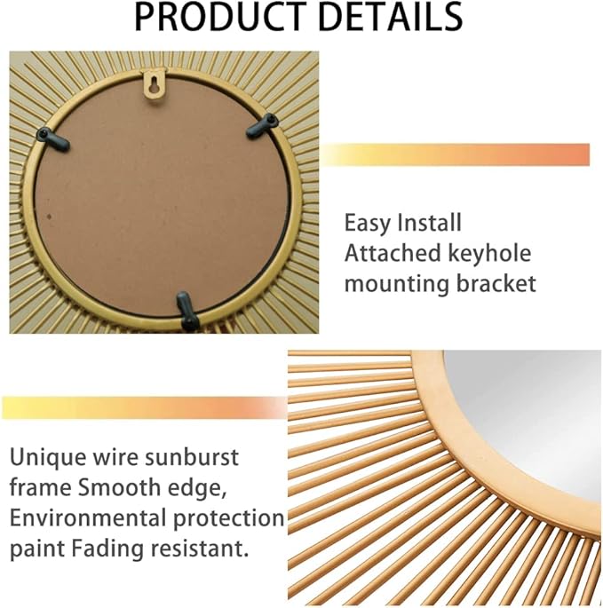 MAIKAILUN 24'' Gold Sunburst Wall Mirror Boho Home Decor Mordern Round Hanging Wall Art for Living Room/Bedroom/Bathroom/Entryway