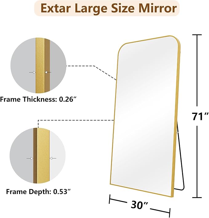 Koonmi Full Length Mirror, 71"x30" Mirror Full Length with Stand, Gold Domed Top Square-Edged Floor Mirror with Aluminum Alloy Frame for Bedroom Living Room
