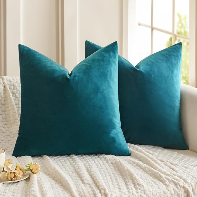MIULEE Velvet Throw Pillow Covers 16x16 Inch, Pack of 2 - Teal, Soft Solid Decorative Pillow Covers Square Cushion Cases Modern Luxury Home Decor for Spring Couch Sofa Bedroom