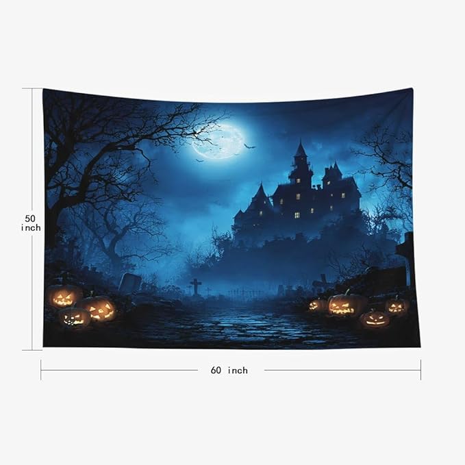 EMMTEEY Halloween Tapestry Night Forest Pumpkins Horror Castle Ceiling Tapestry 60X50 Horizontal Wall Art for Bedroom Living Room Fall Backdrop