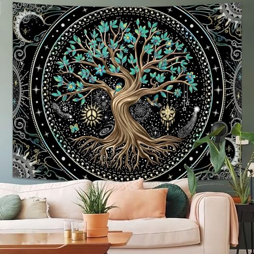 Lunerfex Tree of Life Tapastry Butterfly Moon Tapastry Flower Tree Tapestries Mandala Wall Hanging for Bedroom and Living Room Decor 36×48 Inches - color: Dark Green, size: 48"L x 36"W