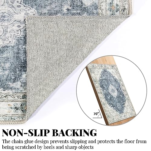 MUJOO Blue Grey Area Rug Small Rugs Boho Machine Washable Rugs Non Slip for Entryway Kitchen Bathroom Bedroom Vintage Soft Low-Pile 2'x3' Flowers - color: Blue Grey, size: 2' x 3' (Rectangular)