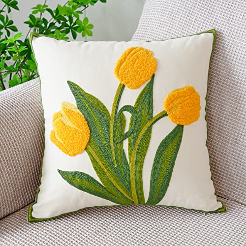 vctops Farmhouse Tulip Cotton Tufted Throw Pillow Cover Spring Floral Embroidery Pillowcase Soft Square Cushion Case for Sofa Couch Bed Chair (Yellow,18"x18") - color: Yellow