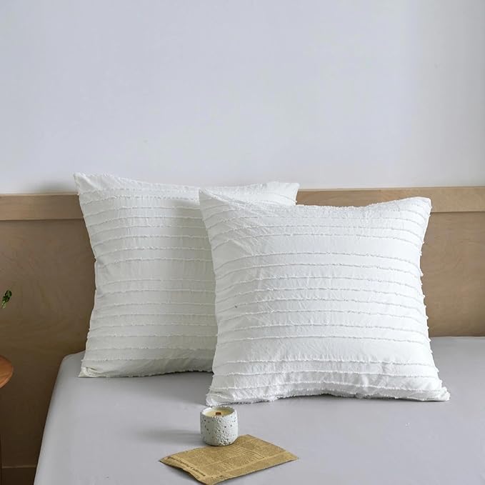 Square Pillow Shams 2 Pack, Ivory, Square Size Pillowcases, Soft Microfiber Geometric Striped Boho Pillow Covers with Envelope Closure, 26x26 Inches (No Insert)