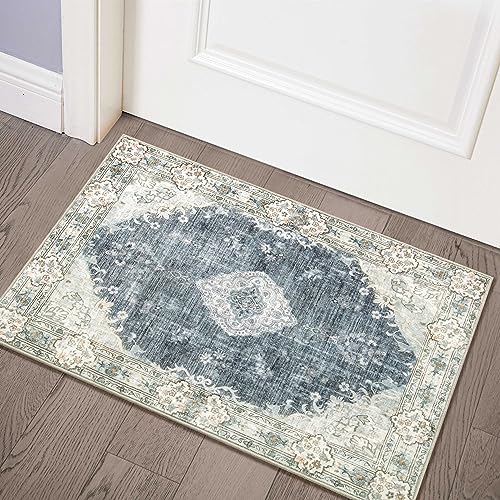 MUJOO Blue Grey Area Rug Small Rugs Boho Machine Washable Rugs Non Slip for Entryway Kitchen Bathroom Bedroom Vintage Soft Low-Pile 2'x3' Flowers - color: Blue Grey, size: 2' x 3' (Rectangular)
