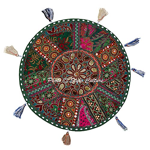 Ethnic Round Floor Cushion Seating Vintage Patchwork Pillow Cover Dark Green Small Throw Pillow Covers 18 x 18 Decorative Decor Seating Seat Pouf Cover Footstool Cotton Embroidered 1 Pc - color: Dark Green