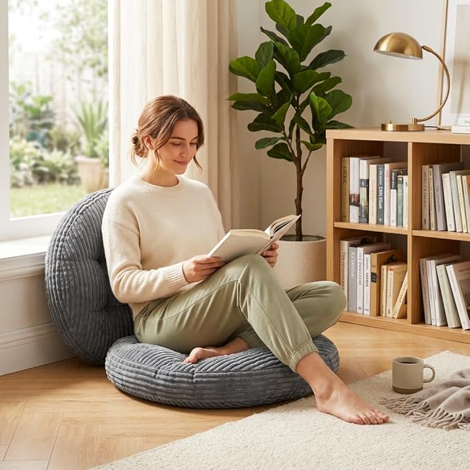 Large Floor Pillow for Adults, 22x22" Memory Foam Floor Cushion with Corduroy Cover, Round Floor Sitting Cushions for Meditation, Lounge,Seating for Yoga, Tatami Living Room (2, Round-Dark Grey)