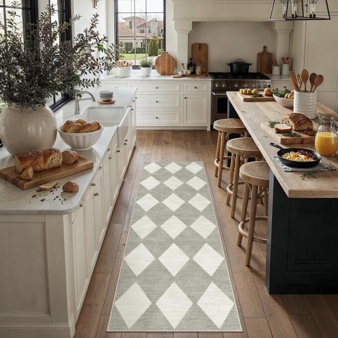 PureCozy 2x6 Runner Checkered Rug for Hallways Gray Washable Long Carpet Non-Slip Low Pile Boho Indoor Accent Throw Rug for Entrance Kitchen Bedroom Dining Laundry - color: Checkered Grey, size: 2' x 6' (Runner)
