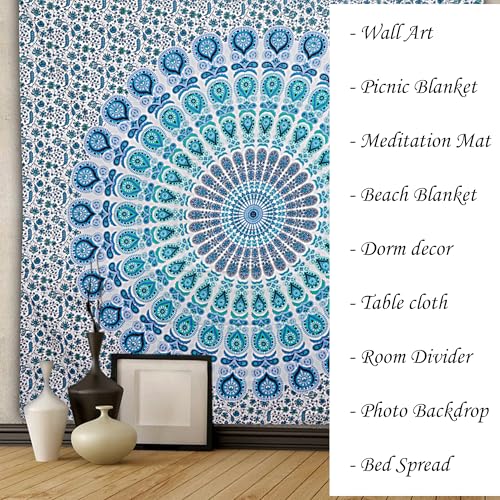 FURNISHFUL FINESSE Handmade Cotton Peacock Mandala Tapestry - Serene Sky Blue & White Ombre Boho Wall Decor, Bohemian Hippie Room Hanging for Bedroom & Dorm Aesthetic- 60x50 Inches - color: Sky Blue, size: 60"L x 50"W