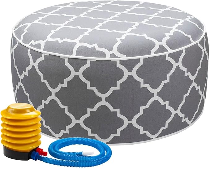 Outdoor/Indoor Inflatable Ottoman Pouf D20 xH9, All Weather Round Footstool with Foot Pump, Water Repellent Portable Footrest with Handle for Patio Garden Camping Travel-Grey Geometry