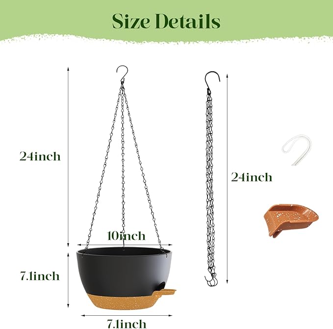 2 Pack 10 Inch Self Watering Hanging Planters for Indoor Plants, Large Black Brown Plastic Hanging Pots with Chains for Outdoor Patio Garden Home Decor (Black Brown)