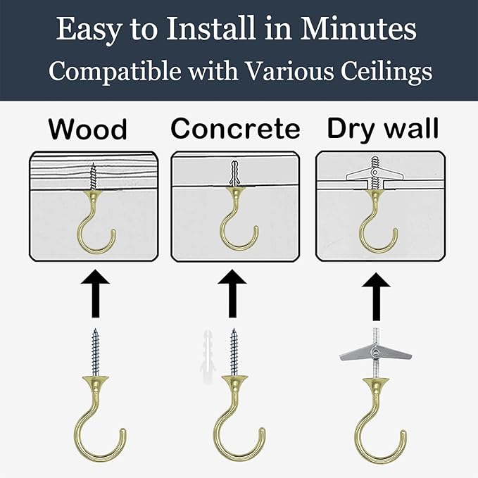 2 Sets Heavy Duty Swag Ceiling Hooks with Hardware for Hanging Plants, Cavity Wall Fixing, Easy Installation, Holds Up to 30lbs, Ideal for Home & Garden (2 Sets, Gold)