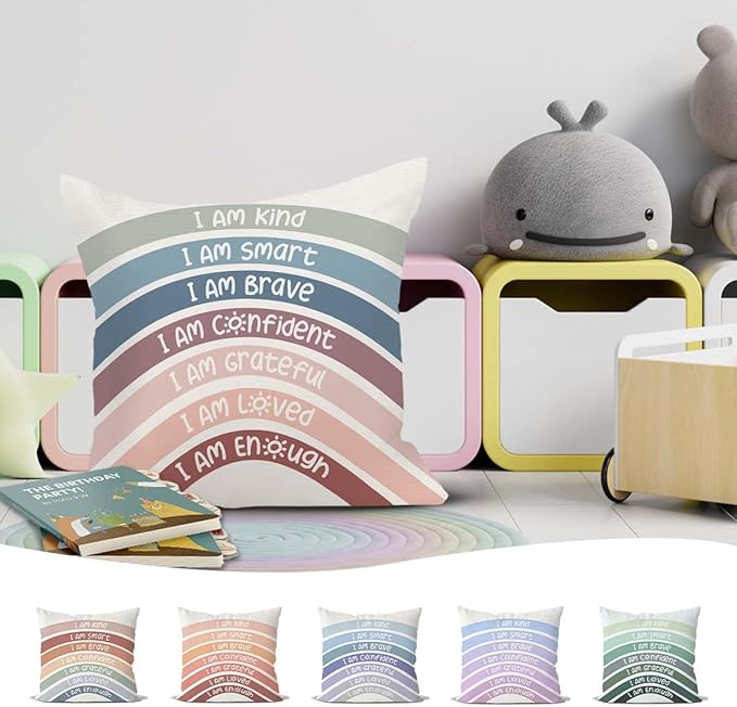 QIYUHOY Rainbow Classroom Throw Pillow Covers, Book Center Calming Corner Playroom Decor Pillow Case, Crimson Pillow Cover, I Am Kind Smart Brave Confidence 18x18 Inch Pillowcase（Crimson）