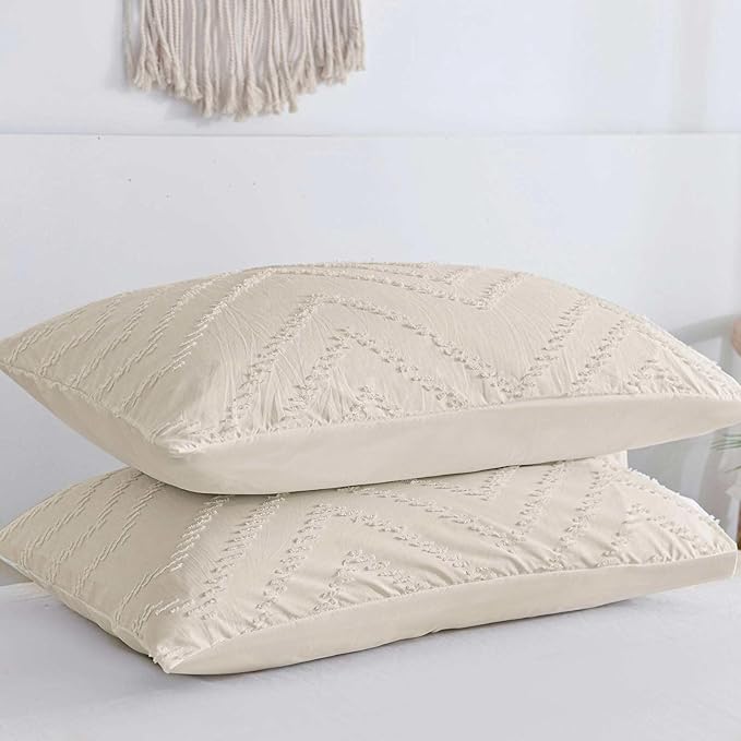 Nanko Pillow Case/Pillow Shams Queen Set of 2, Beige Cream Tan Tufted Jacquard Boho Soft Shabby Chic Microfiber Pillow Covers, for Home Hotel Bed, Farmhouse Modern for Men and Women, 20 x 30 inch