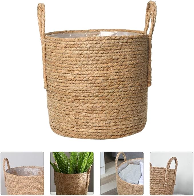 Zerodeko Flower Vase Seagrass Planter Basket Straw Plant Baskets Woven Basket Flower Plant Pot Wicker Plant Containers with Plastic Liner for Indoor Plants Laundry Room 25cm Grocery Basket