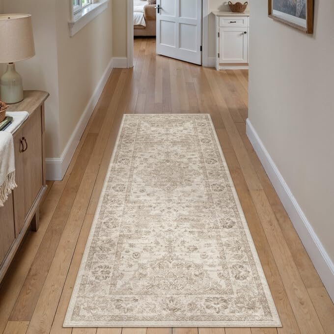 PureCozy Washable Runner Rug 2x6 for Hallway Beige Neutral Vintage Long Carpet Soft Low Pile Non Slip Throw Rug Floral Distressed Accent Rug for Entryway Bathroom Office Laundry Dining Room - color: Beige, size: 2' x 6' (Runner)