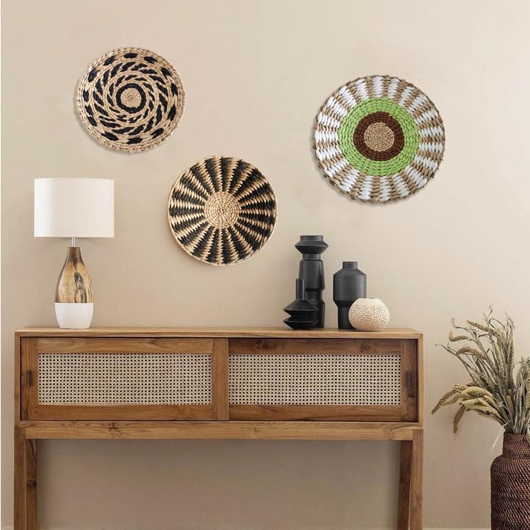 Boho Wall Basket,Seagrass Rattan Wicker Boho Wall Decor, Eco-Friendly Round Wall Art for Farmhouse Bedroom Living Room Display Table Settings Kitchen Home (Style J)