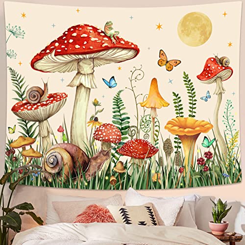 Zussun Red Mushroom Tapestry Moon Star Tapestries for Bedroom Aesthetic Beige Starry Night Green Plant Tapastrys Wall Hanging Butterfly Snail Frog Wall Tapestry for Living Room Dorm (Beige, 60" x 44") - color: Beige, size: 60"L x 44"W