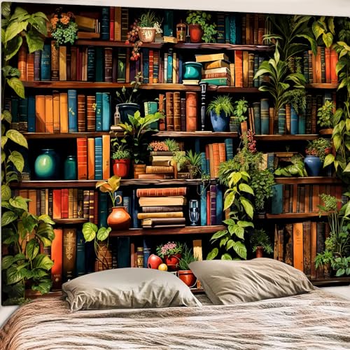 Accnicc Botanical Bookshelf Tapestry Lush Green Plant Book Shelf Tapestries Wall Hanging Art Vintage Retro Potted Plants Academics Library Book Tapestry for Bedroom Living Room Dorm 80 x 60 inch - color: Green, size: 80"L x 60"W