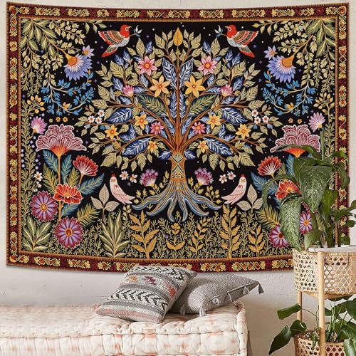 Lunerfex Tree of Life Wall Tapestry - Vibrant Folk Art & Botanical Wall Hanging for Bedroom and Living Room Decor - Boho Nature Tapestries 60"x44" - color: Black Red, size: 60"L x 44"W