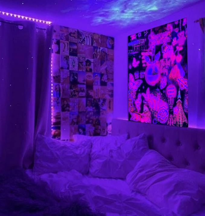 Pink Neon Tapestry for Bedroom Aesthetic Blacklight Tapestry UV Reactive Glow in the Dark Black Light Posters Ceiling Tapestries Wall Hanging Fabric Wall Hanging Tapestries for Living Room Decor 51x59