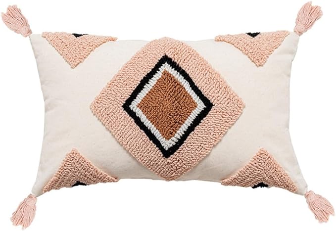 Pink Bohemain Decorative Lumbar Throw Pillow Covers 12x20 Inch - Geometric Moroccan Tufted Cushion Covers with Tassels | Boho Decor for Bed Living Room | Dusty Rose & Cream Textured (Set of 1 B)