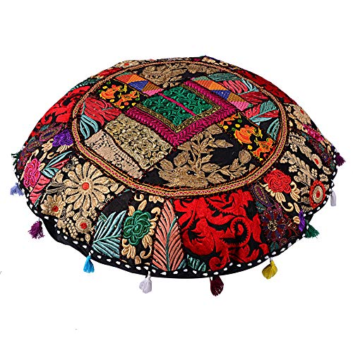 Rajasthani Handmade Colorful Decorative Floor Pillow Cover Meditation Patchwork Patchwork Cushion Seating Accent Boho Chic Indian Handmade Cover ONLY (Black Patchwork, 32x32 Inches) - color: Black