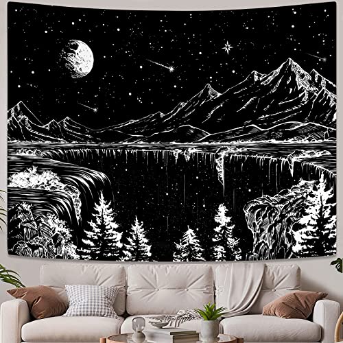 Zussun Black and White Tapestry Starry Night Mountain Tapestries for Bedroom Aesthetic Moon and Stars Tapastry's Wall Hanging Dark Nature Forest Wall Tapestry for Living Room Dorm (90'' × 68'') - color: Black, size: 90"L x 68"W