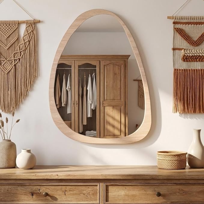 Asymmetrical Wood Frame Wall Mirror, Irregular Organic Decorative Wall-Mounted Mirror for Living Room, Bedroom & Entryway, Modern Mid-Century Boho Accent Mirror 24" x 35"