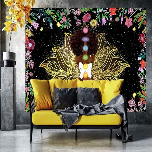 Ine Ive African Chakra Tapestry African American Woman Zen Meditation Tapestries100x90 Inch Starry Sky Flower Garden Inspirational Afro Yoga Wall Art for Bedroom Dorm Decor - size: 100"L x 90"W