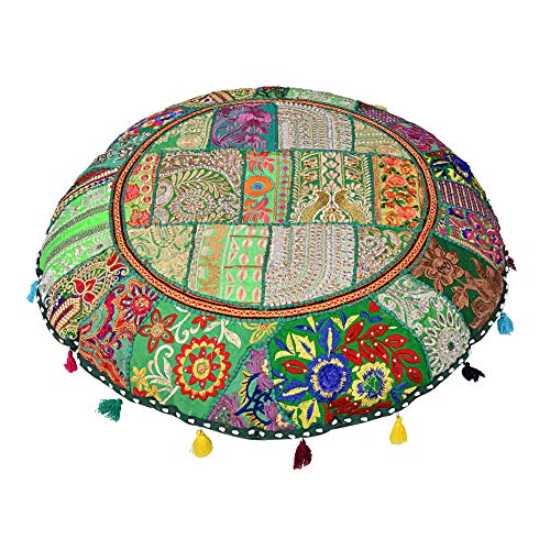Rajasthani Handmade Colorful Decorative Floor Pillow Cover Meditation Patchwork Patchwork Cushion Seating Accent Boho Chic Indian Handmade Cover ONLY (Green, 32X32 Inches) - color: Green
