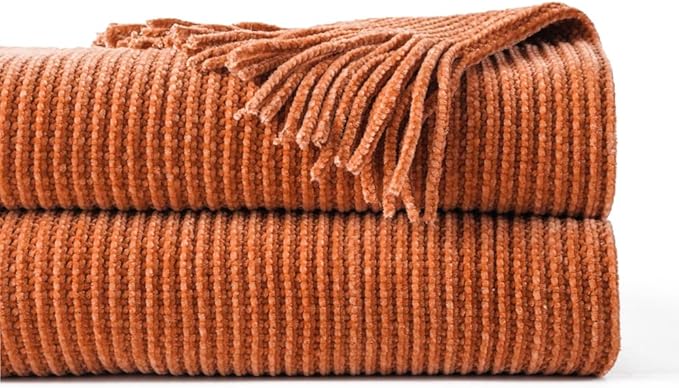 BATTILO HOME Rust Orange Throw Blanket for Couch, Soft Chenille Knit Throws with Tassels for Home Decor, Spring Caramel Throws for Couch Cover, 50"x60"