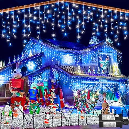 33ft Icicle Lights for Outside, Blue and White Christmas Lights Outdoor Indoor, 400 LED Twinkle String Light with 75 Drops Short Curtain Light for Thanksgiving Room Home Wall Bedroom Window Decoration - color: Blue and White, size: 400LED/33ft