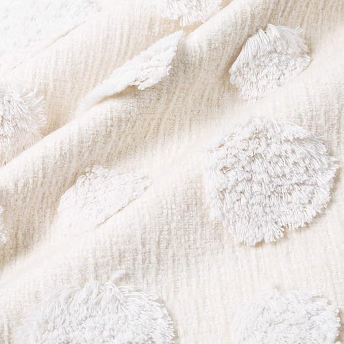 PLWORLD Boho White Throw Pillow Cover 18x18 Inch with Tassels, Pom Pom Tufted Decorative Cream Chenille Fabric Accent Textured Cushion Case for Bed Couch, 1 PC Cover Only No Insert