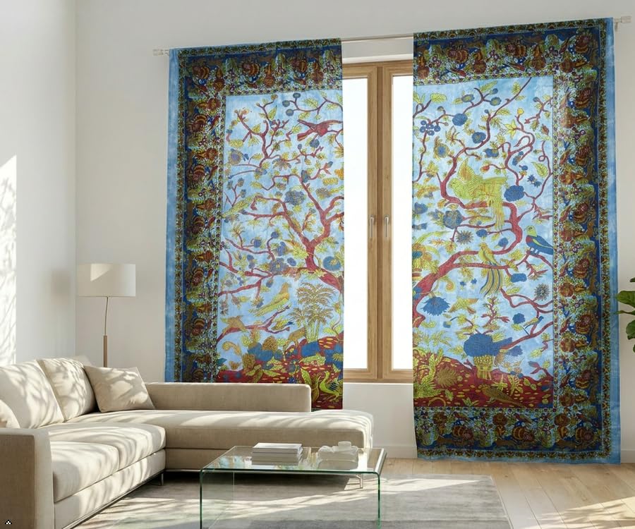 Popular Handicrafts Indian Hippie Bohemian Beautiful- Tree of Life- Bird Tie Dye Mandala Drapery Bedroom Living Room Balcony Curtain Panels Blue - color: Blue, size: 38"W x 83"L (Pack of 2)