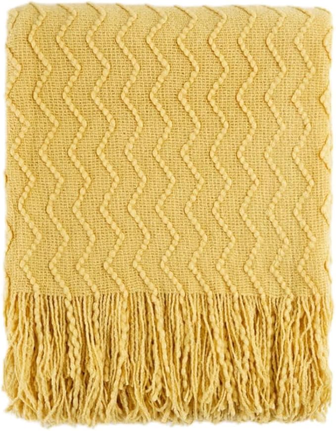 BATTILO HOME Yellow Throw Blanket for Couch, Textured Soft Gold Throw Blankets, Decorative Knitted Mustard Blanket for Sofa Bed Living Room, 50"x60"