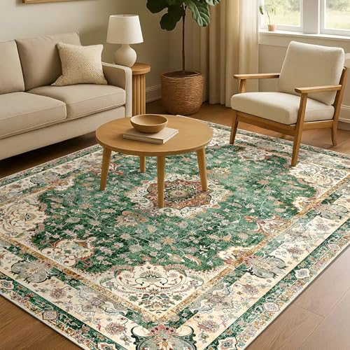 Green Rug 4'x6.5',Washable Area Rugs for Bedroom Living Room Kitchen Entryway Bedside,Small Boho Vintage Bohemian Distressed Oriental Non Slip Carpet,Retro Sage Floral - color: Green, size: 4'x6.5'