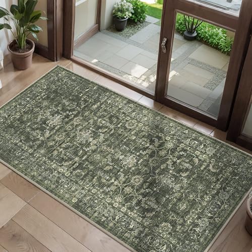 2x4 Green Runner Rug Hallway Washable Area Rugs Kitchen Vintage Boho Non Slip Long Rug Floral Carpet Indoor Retro Soft Low Pile Throw Rug for Bedroom Bathroom Laundry Dining Living Room Office - color: Dark Green, size: 2' x 4' (Runner)