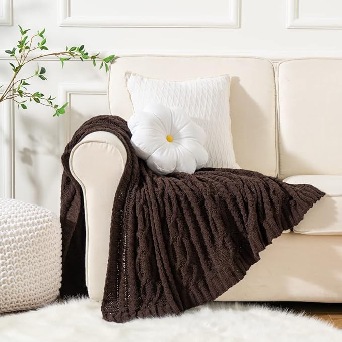 Battilo Dark Brown Throw Blanket for Couch, 51"x67" Soft Chenille Knit Throw Blanket for Home Decor, Soft Cozy Blanket, Decorative Chocolate Brown Blanket for Bed, Living Room