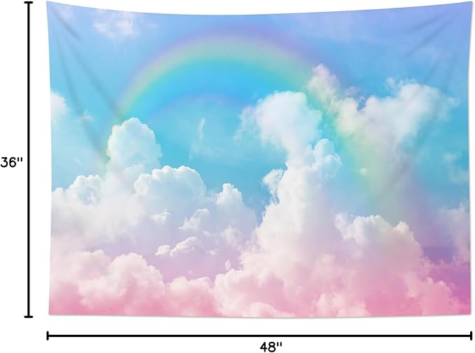 LB Cloud Rainbow Tapestry Pastel Rainbow Pink White Cloud with Blue Sky Tapestry Wall Hanging Nature Landscape Wall Decor for Bedroom Living Room Dorm 48Wx36L Inches