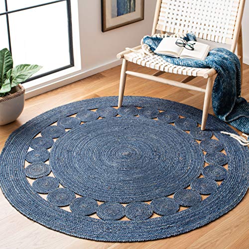 SAFAVIEH Area Rug 6' Round - Natural Fiber Collection - Navy, Handmade Jute, Boho Farmhouse Braided Design (NF364N) - color: Navy, size: 6' (Round)