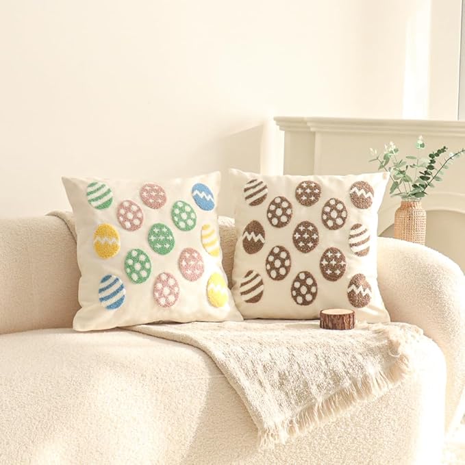 Jonhier Easter Throw Pillow Covers, Muted Morandi Colorful Easter Egg Decorations with Tufted Embroidery, Boho Farmhouse Neutral Rustic Spring Decorative Pillows for Couch Sofa, 18x18 Inch, 1 PC