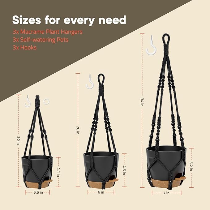 Green Hanging Self Watering Pots with Macrame Ivory Rope, 3 Pack Indoor & Outdoor Hanging Plant Pots with Built-in Reservoir, Wick Rope, Drainage Holes & Hooks, Stylish Boho Decor Hanging Planter