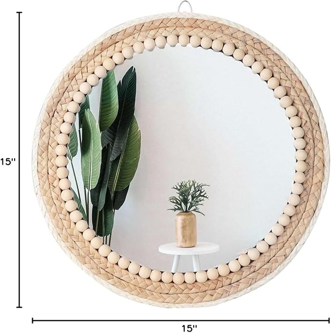 Poeme Boho Wall Mounted Round Mirror - 15 Inch Circle Rattan Decorative Hanging Mirror for Bedroom, Living Room & Bathroom